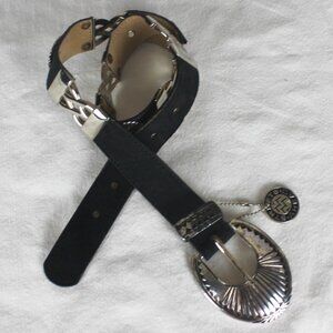 Streets Ahead Black Leather Belt Silver Aztec Logo Metal Tag Size Small 1653